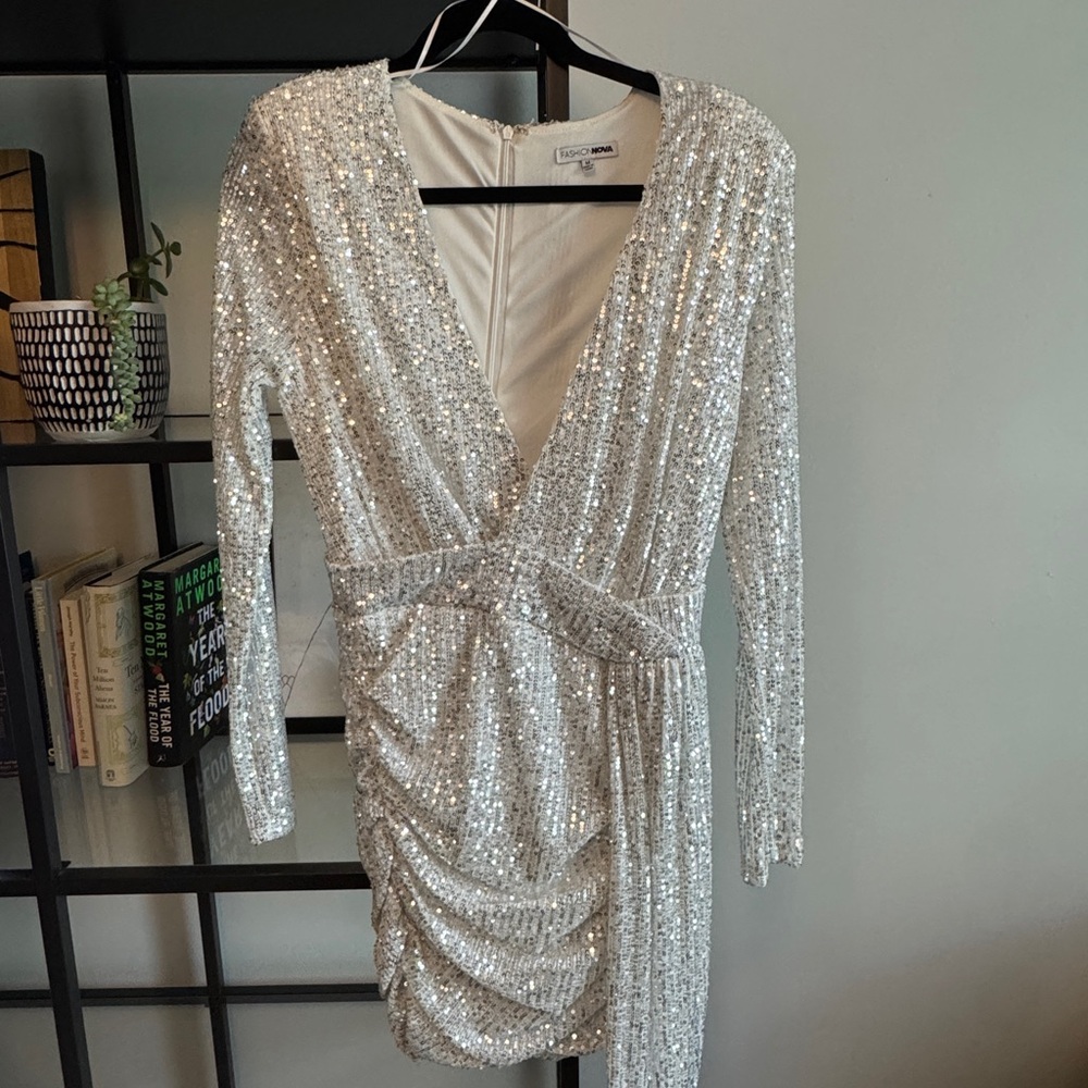 Fashion Nova Silver Sequin Long Sleeve Wrap Dress